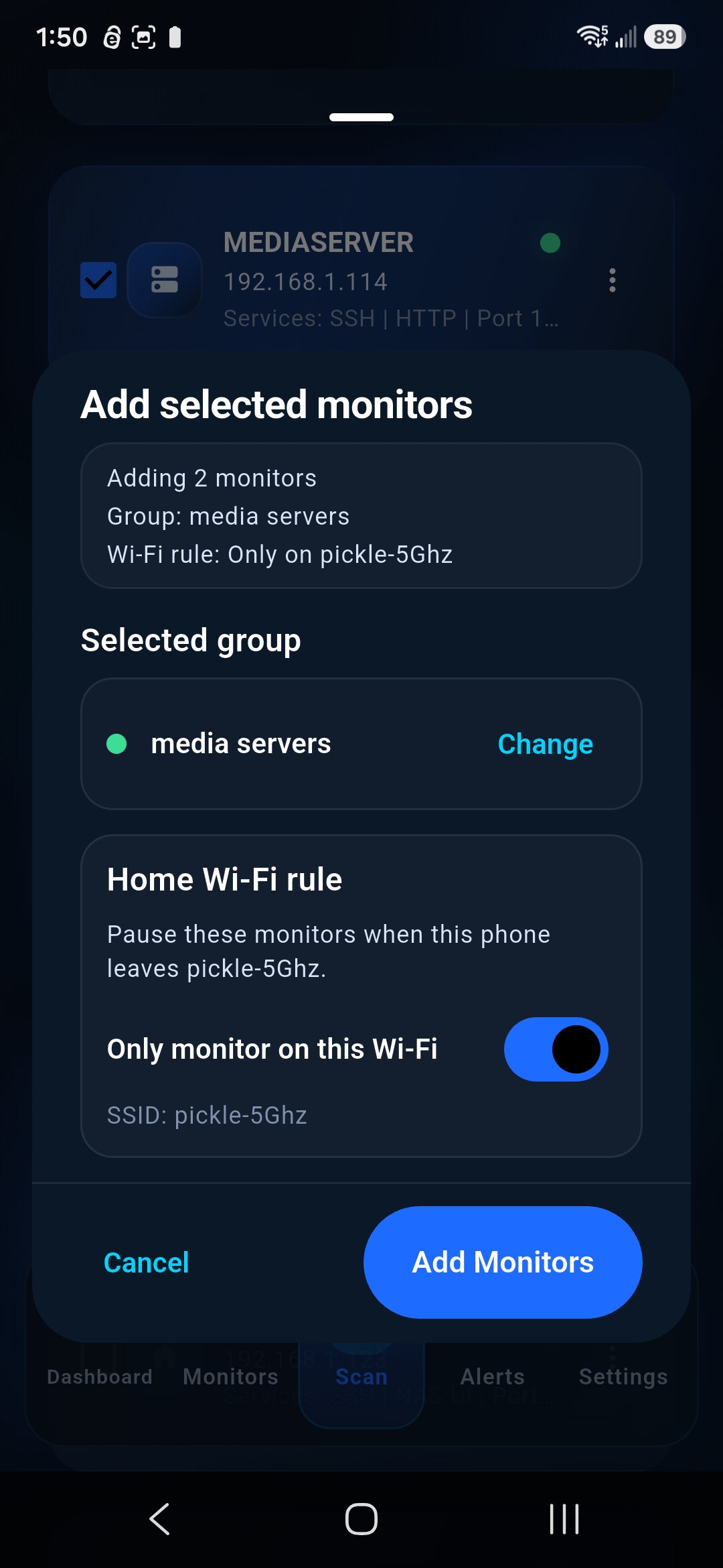 UptiLink group setup with monitor name and selected Wi-Fi network